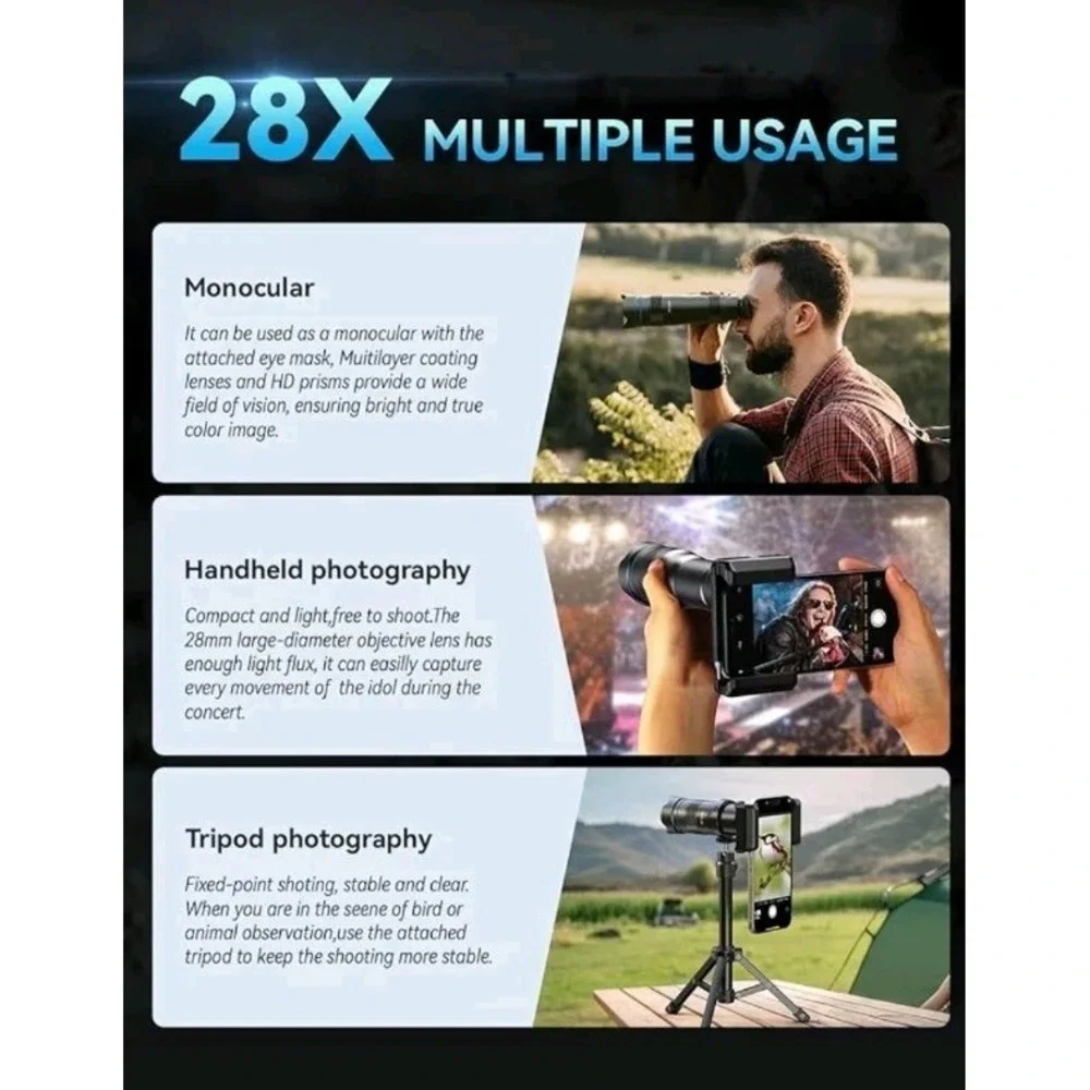 APEXEL HD 28x Long Range Monocular Zoom Telephoto Lens With‎ Tripod for Phones